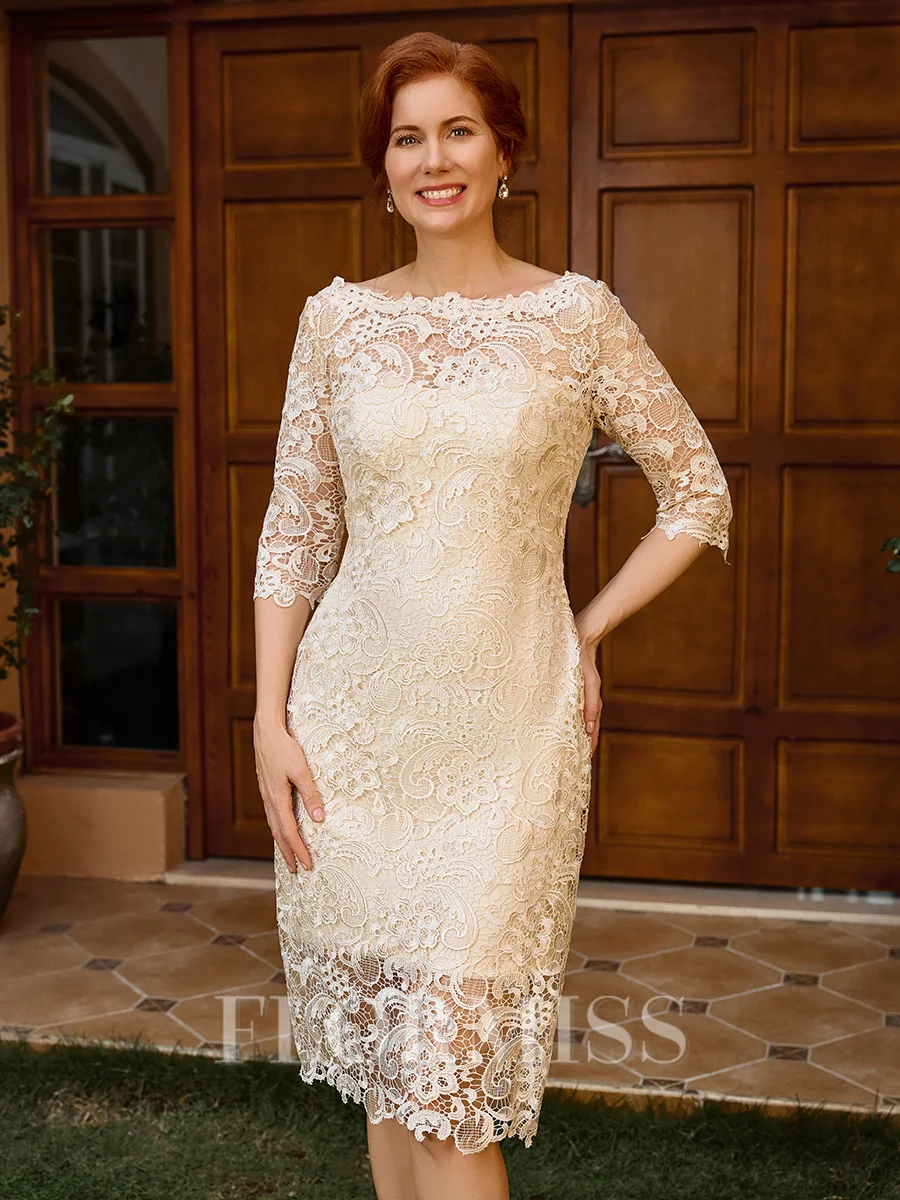 Sheath Bateau 3/4 Sleeves Knee-Length Lace Mother of the Bride Dress