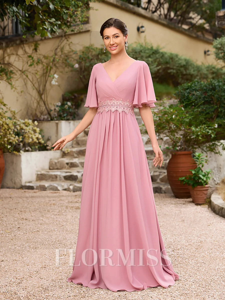 A-Line/Princess Chiffon Ruched V-neck 1/2 Sleeves Floor-Length Mother of the Bride Dresses