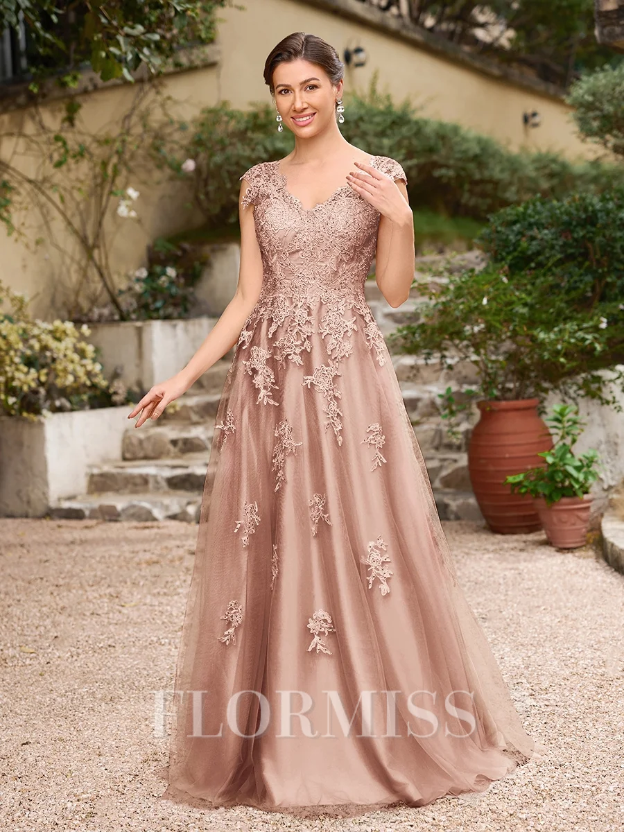 A-Line/Princess Tulle Applique V-neck Sleeveless Floor-Length Dresses