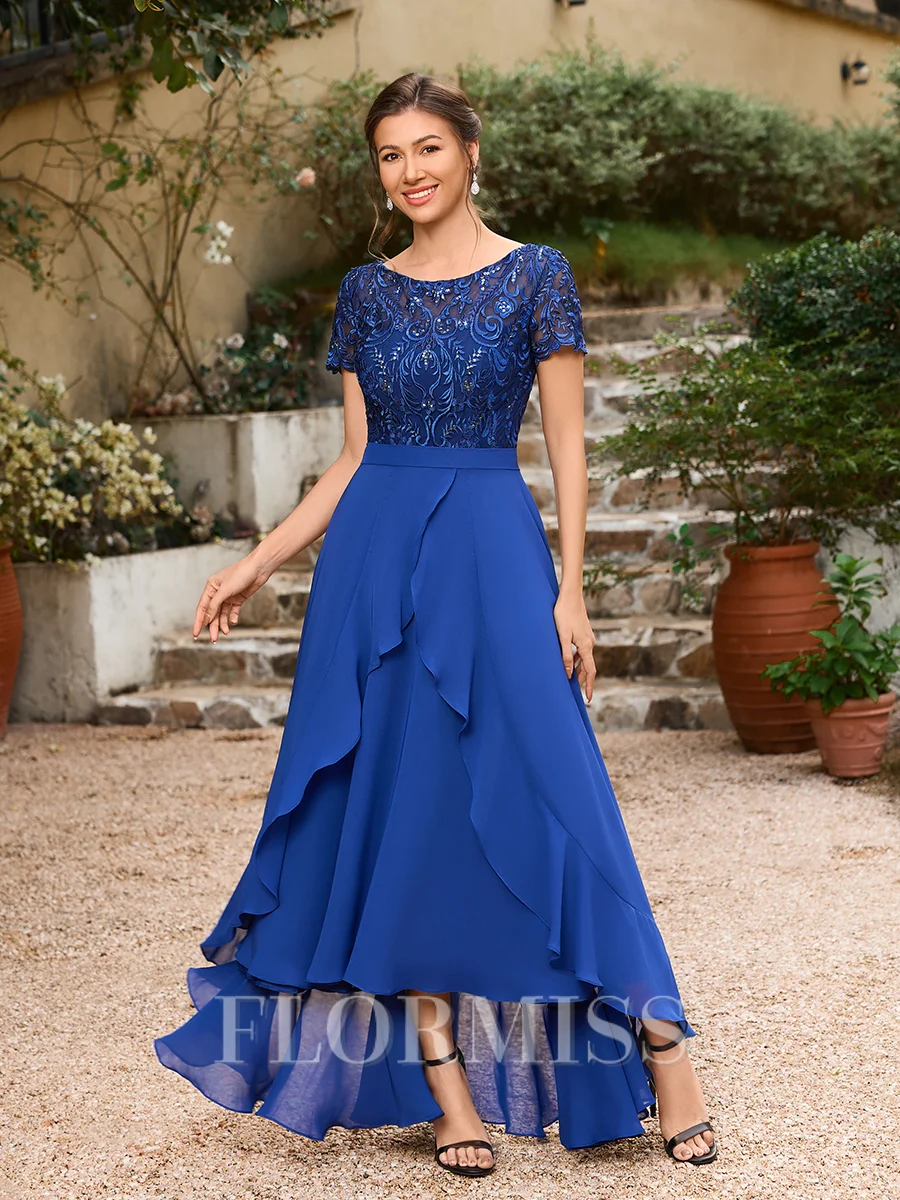 A-Line/Princess Chiffon Applique Bateau Short Sleeves Asymmetrical Mother of the Bride Dresses