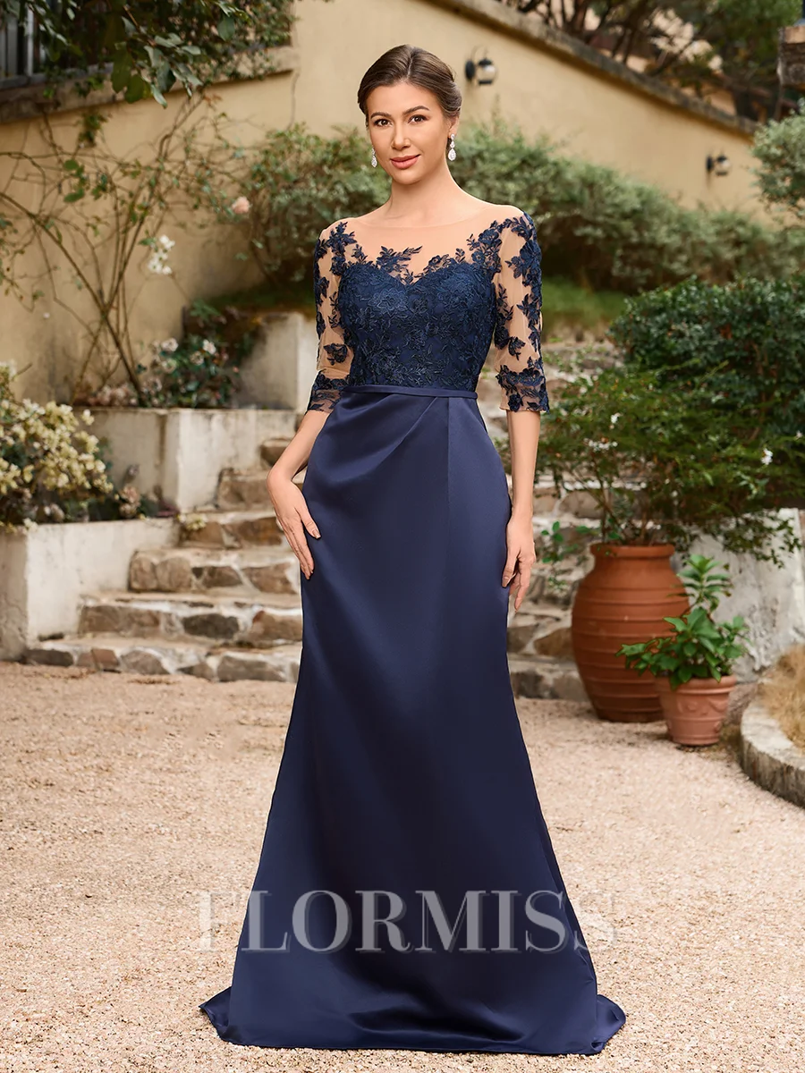 Sheath/Column Satin Applique Bateau 1/2 Sleeves Sweep/Brush Train Mother of the Bride Dresses