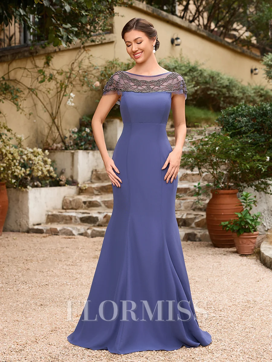 Sheath/Column Chiffon Beading Bateau Short Sleeves Floor-Length Mother of the Bride Dresses