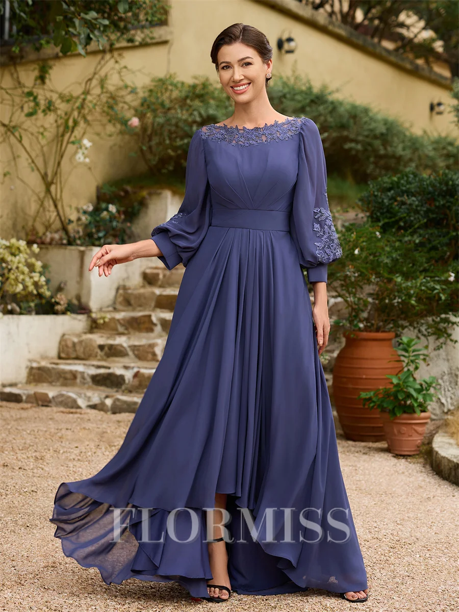 A-Line/Princess Chiffon Ruched Bateau 3/4 Sleeves Asymmetrical Mother of the Bride Dresses