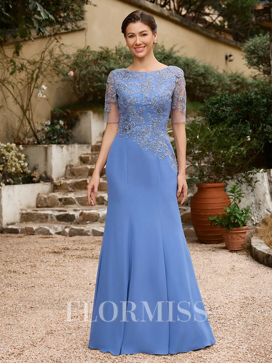 Sheath/Column Chiffon Applique Bateau Short Sleeves Floor-Length Mother of the Bride Dresses