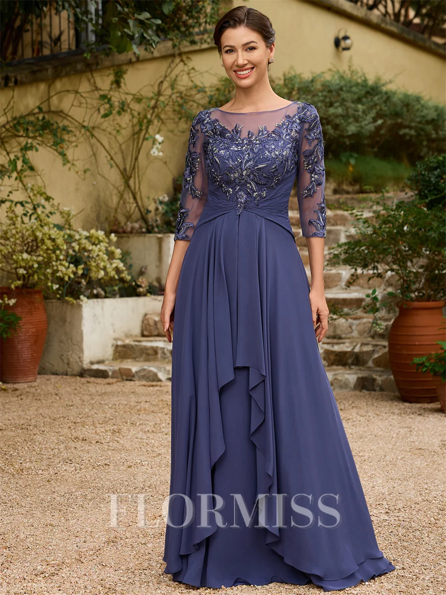 A-Line/Princess Chiffon Applique Bateau 3/4 Sleeves Floor-Length Mother of the Bride Dresses