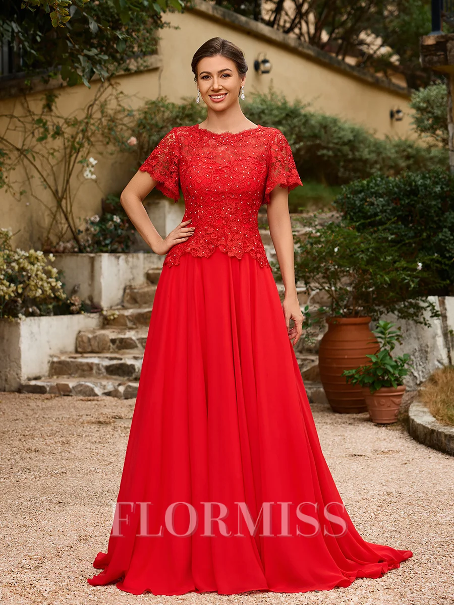 A-Line/Princess Chiffon Applique Scoop Short Sleeves Sweep/Brush Train Mother of the Bride Dresses