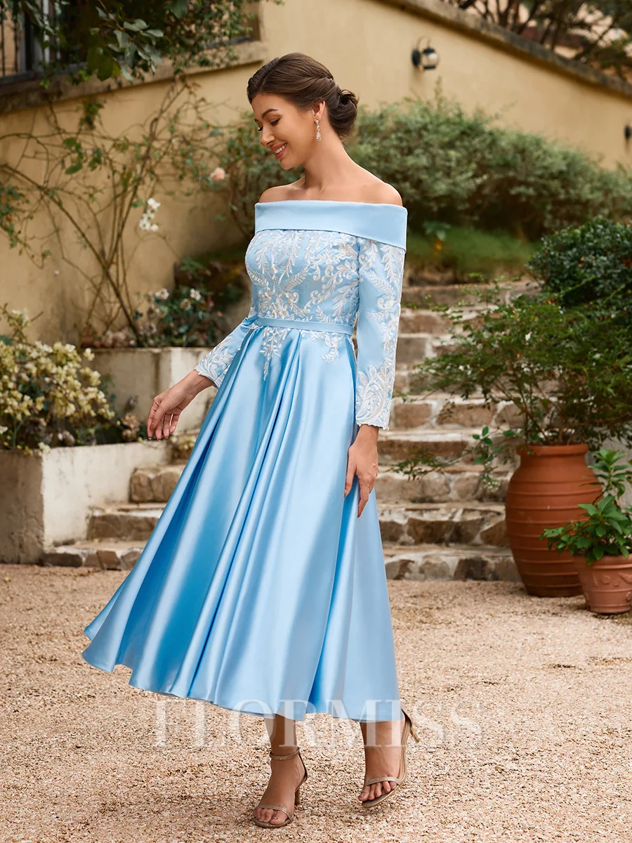 A-Line/Princess Silk Like Satin Ruched Off-the-Shoulder Long Sleeves Tea-Length Mother of the Bride Dresses