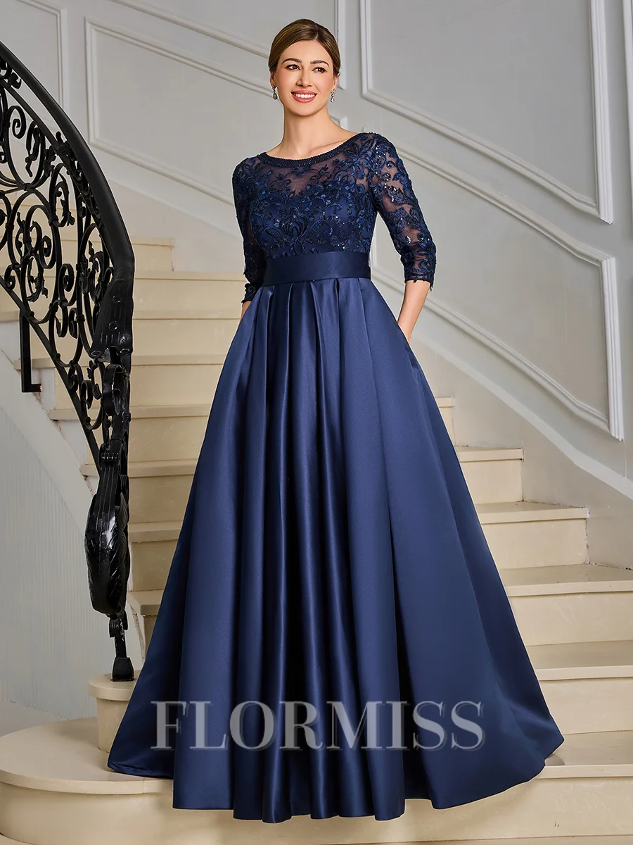 A-line Scoop 3/4 Sleeves Appliques Lace Floor-Length Satin Mother of the Bride Dress