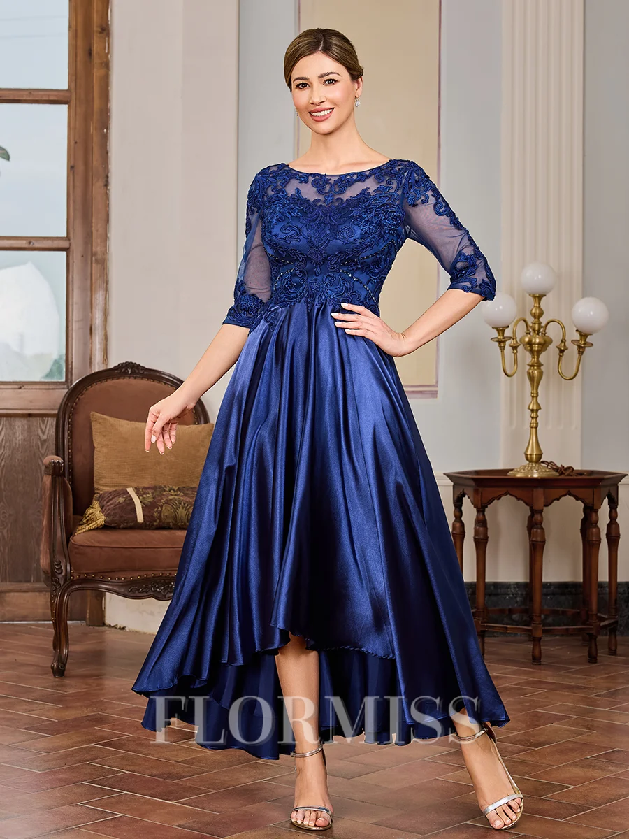 A-line Scoop 1/2 Sleeves Appliques Lace Asymmetrical Silk Like Satin Mother of the Bride Dress
