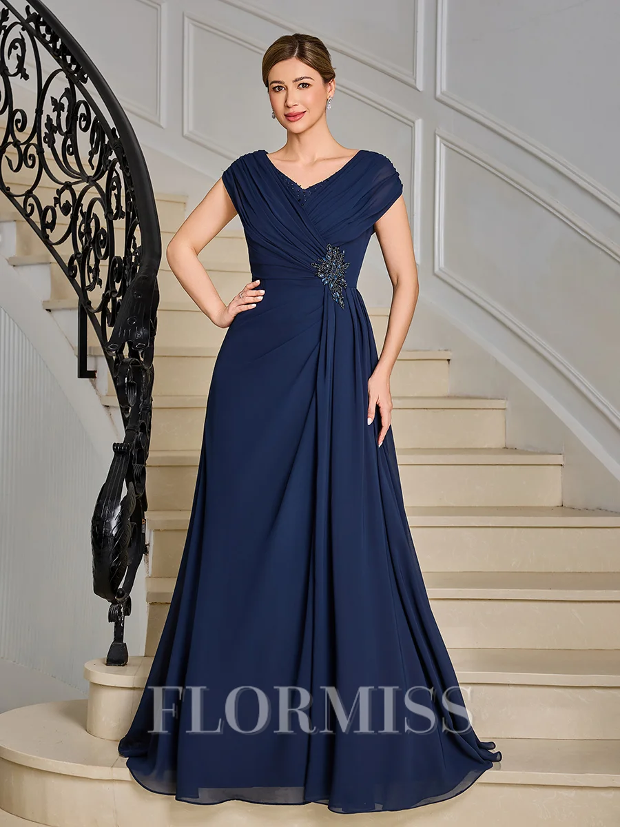 A-line V-neck Pleated Floor-Length Chiffon Mother of the Bride Dress
