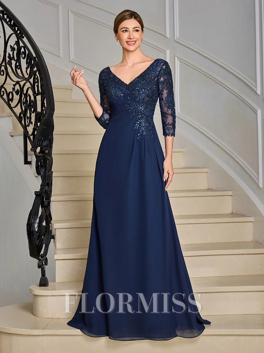 Sheath V-neck 3/4 Sleeves Appliques Lace Floor-Length Chiffon Mother of the Bride Dress