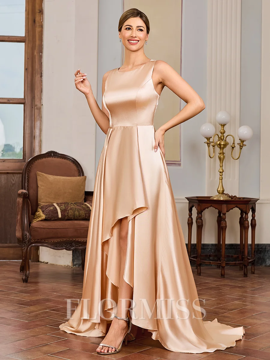 A-line Scoop Asymmetrical Silk Like Satin Mother of the Bride Dress