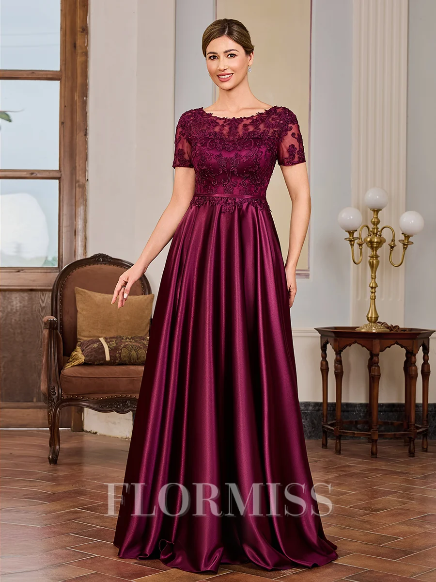 A-line Scoop Short Sleeves Appliques Lace Floor-Length Silk Like Satin Mother of the Bride Dress