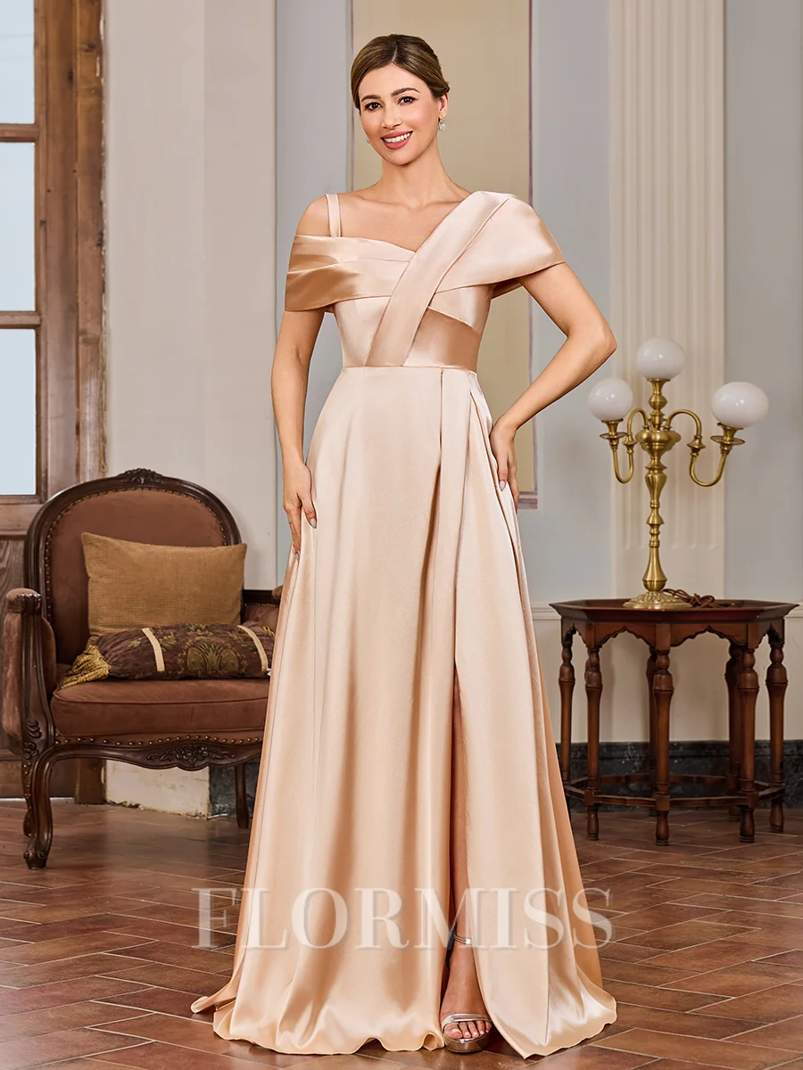 A-line Pleated Floor-Length Silk Like Satin Mother of the Bride Dress