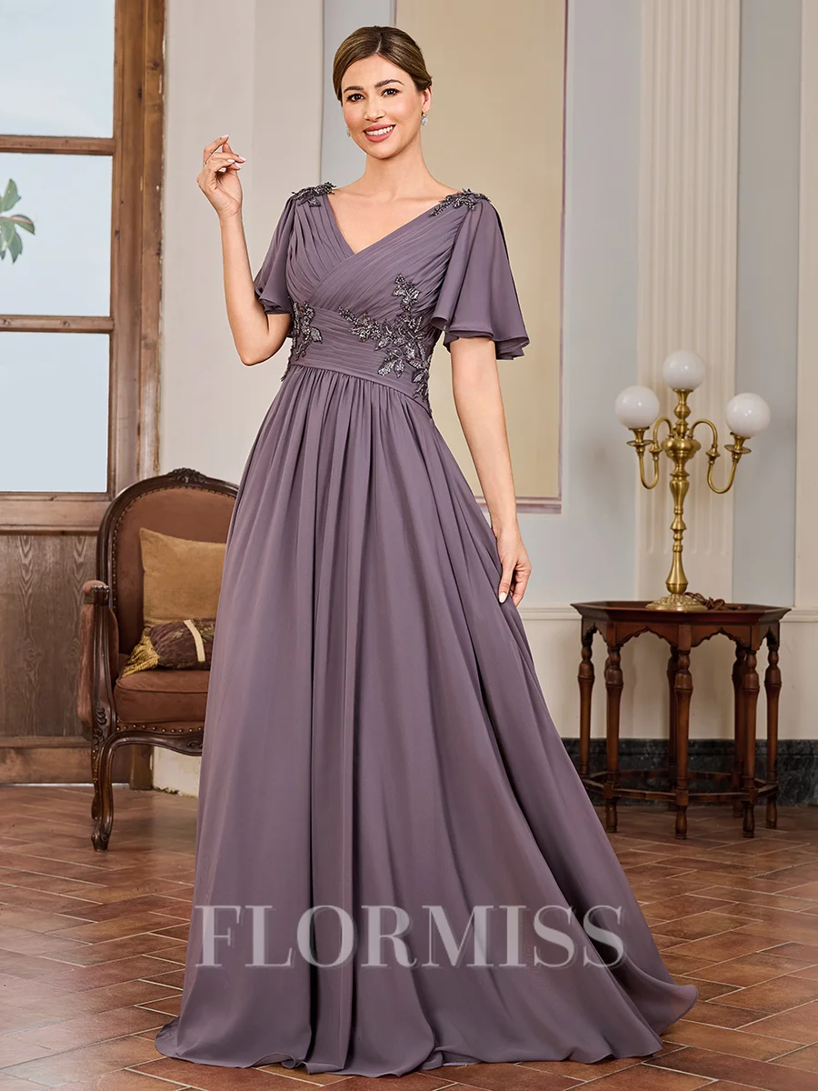 A-line V-neck Short Sleeves Appliques Lace Floor-Length Chiffon Mother of the Bride Dress