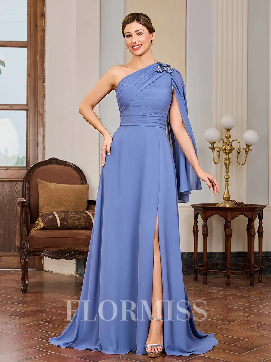 A-line One-Shoulder Long Sleeves Pleated Floor-Length Chiffon Mother of the Bride Dress