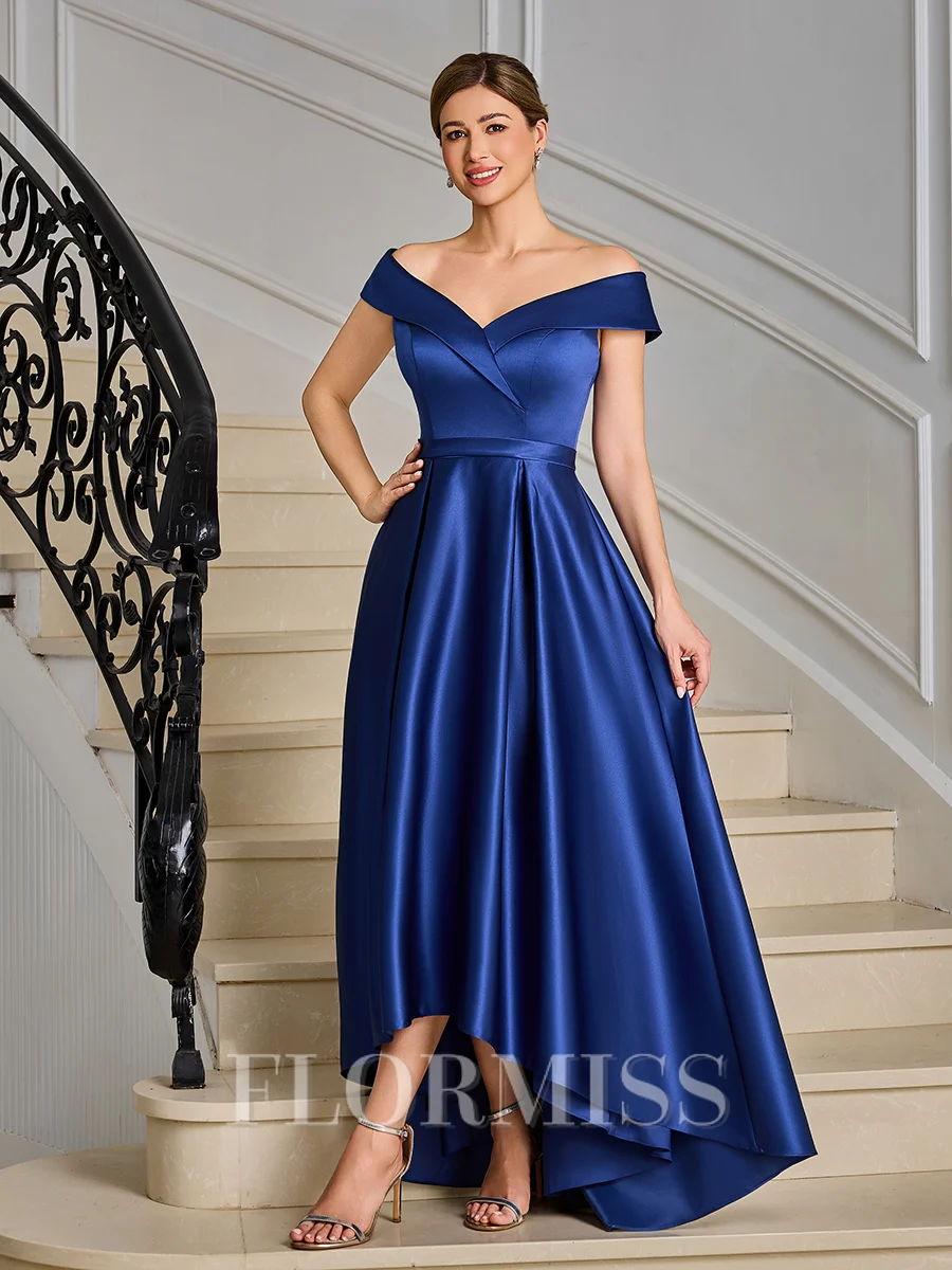 A-line Off-the-Shoulder Pleated Asymmetrical Satin Mother of the Bride Dress
