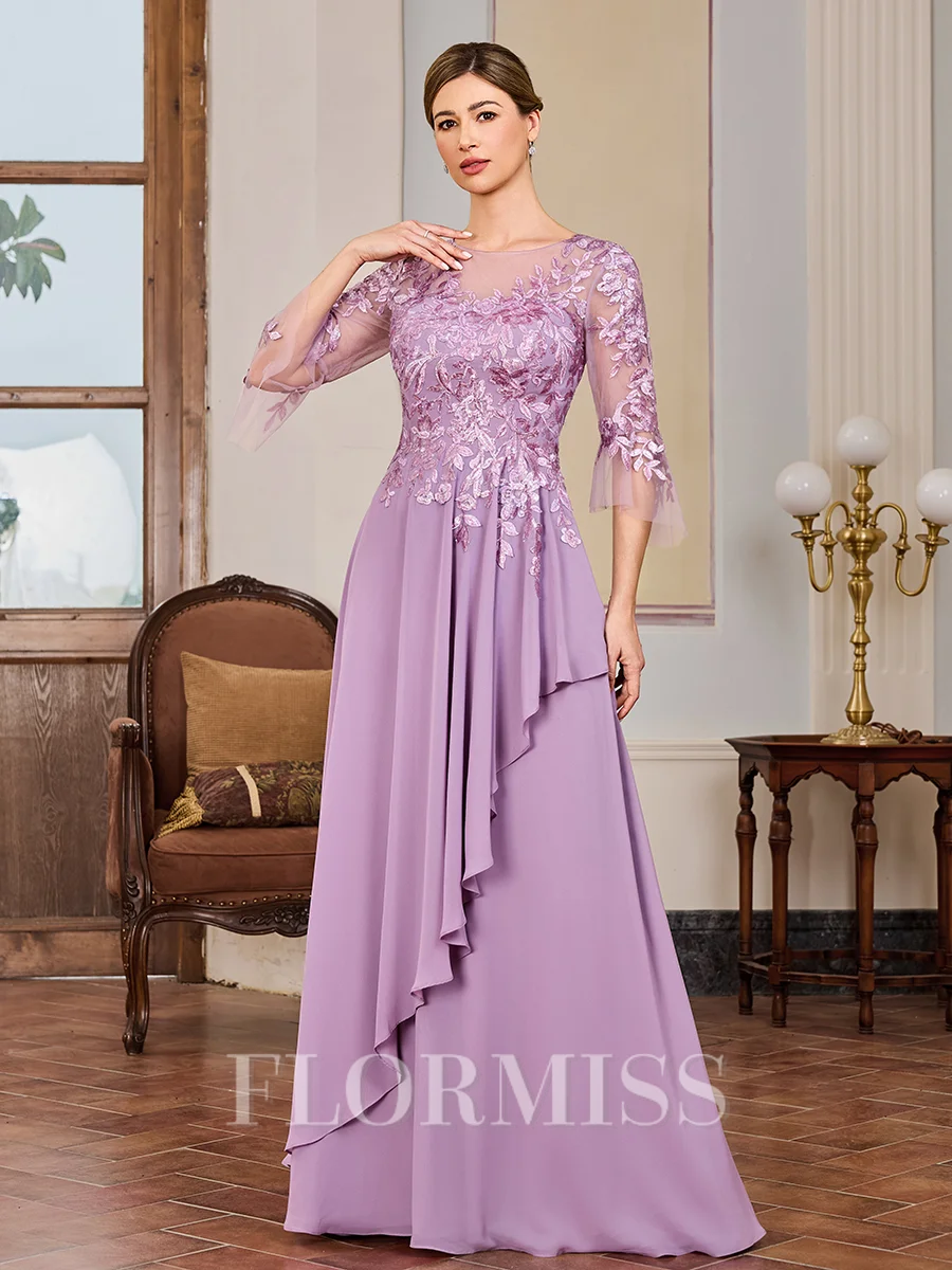 A-line Scoop 3/4 Sleeves Appliques Lace Floor-Length Chiffon Mother of the Bride Dress