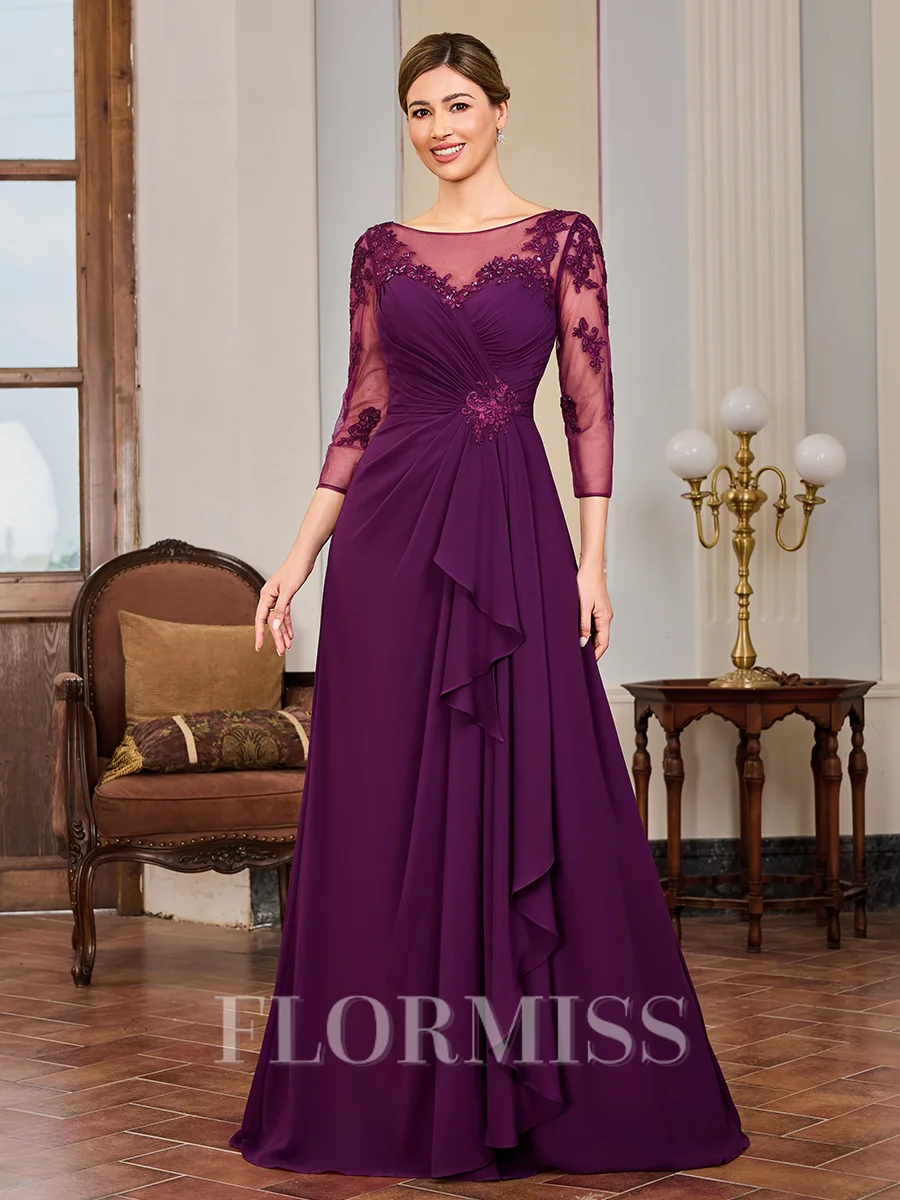 Sheath Scoop 3/4 Sleeves Appliques Lace Floor-Length Chiffon Mother of the Bride Dress