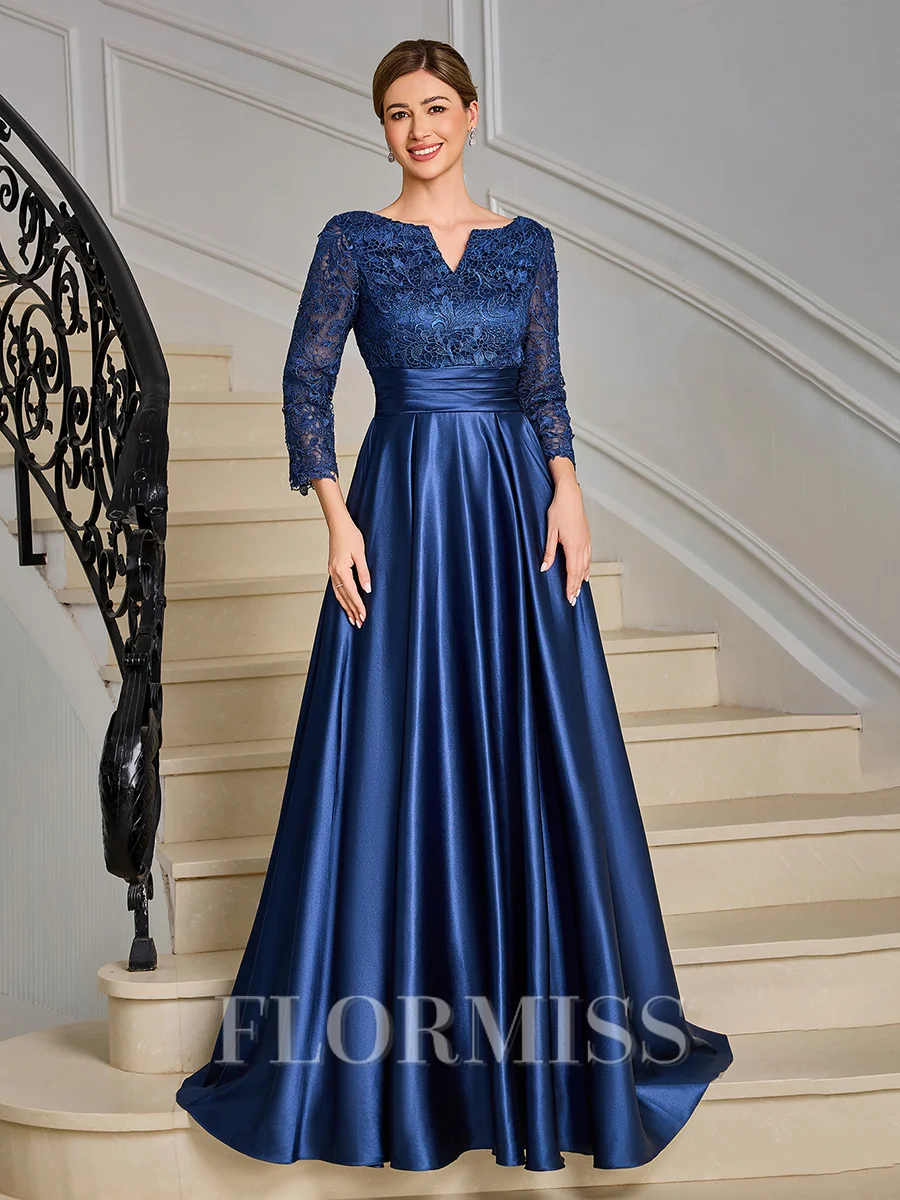 A-line V-neck 3/4 Sleeves Appliques Lace Floor-Length Silk Like Satin Mother of the Bride Dress