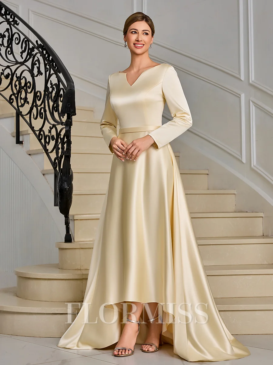 A-line V-neck Long Sleeves Asymmetrical Charmeuse Mother of the Bride Dress