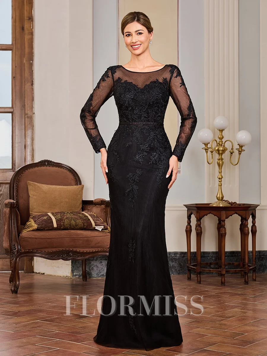 Sheath Scoop Long Sleeves Appliques Lace Floor-Length Tulle Mother of the Bride Dress