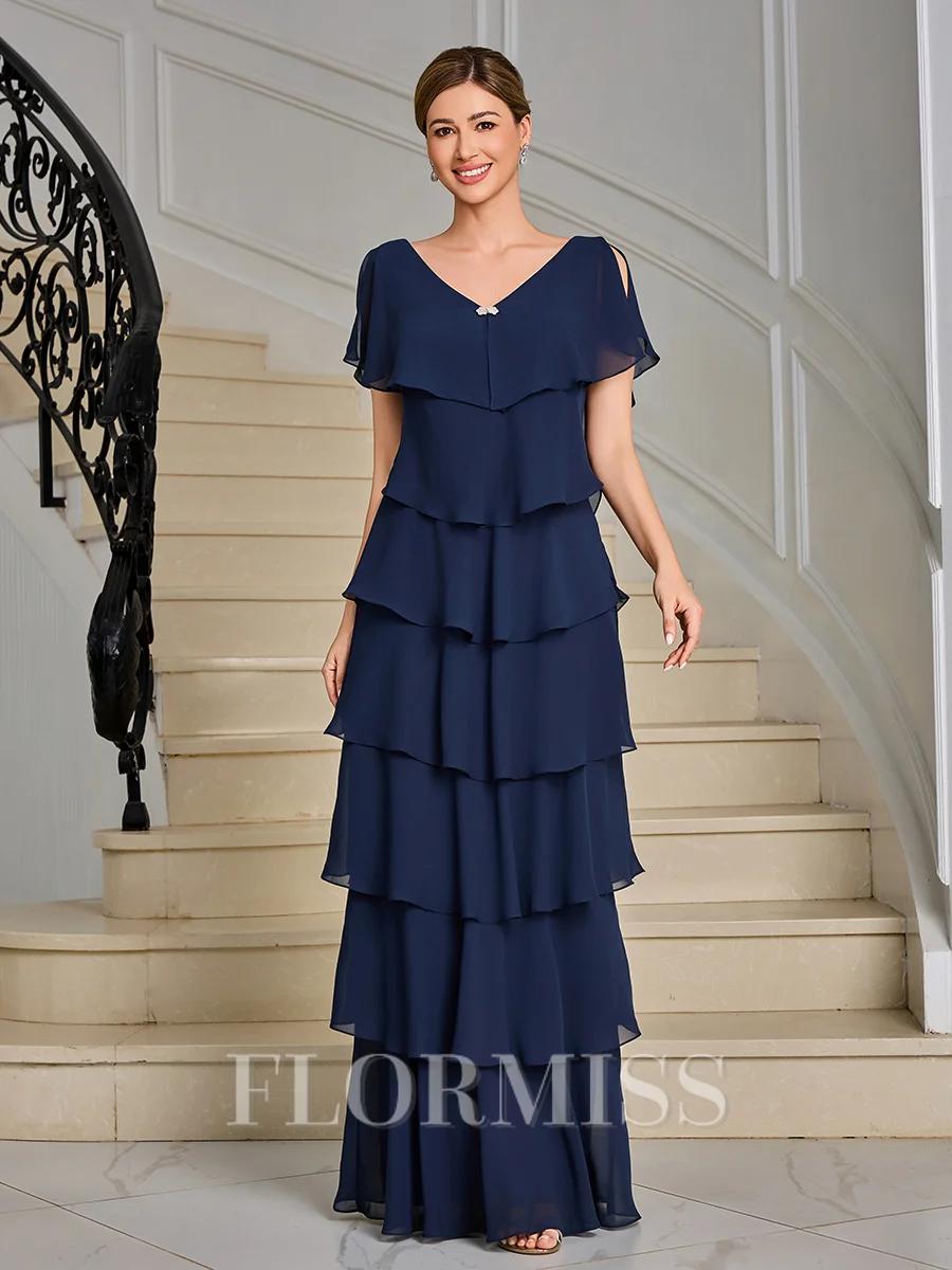 Sheath V-neck Short Sleeves Cascading Ruffles Ankle-Length Chiffon Mother of the Bride Dress