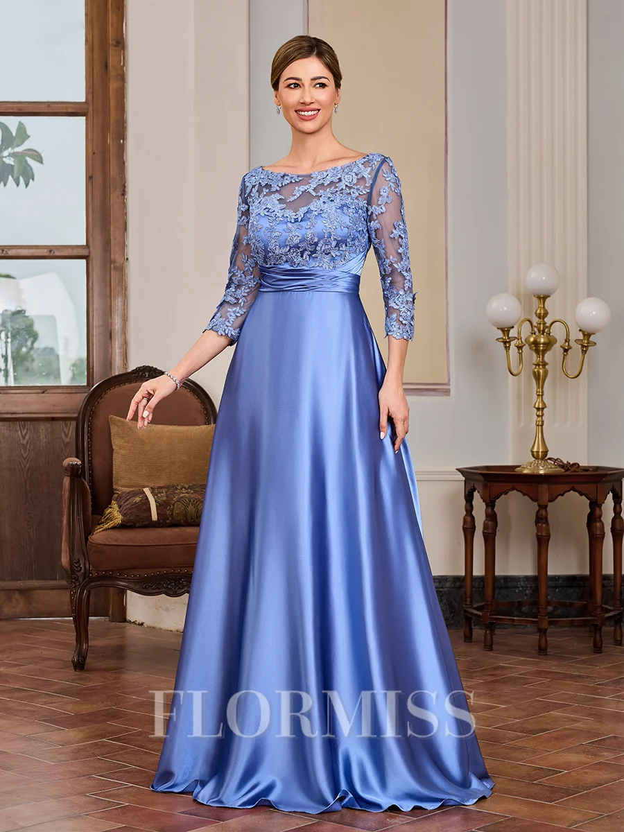 A-line Scoop 3/4 Sleeves Appliques Lace Floor-Length Silk Like Satin Mother of the Bride Dress