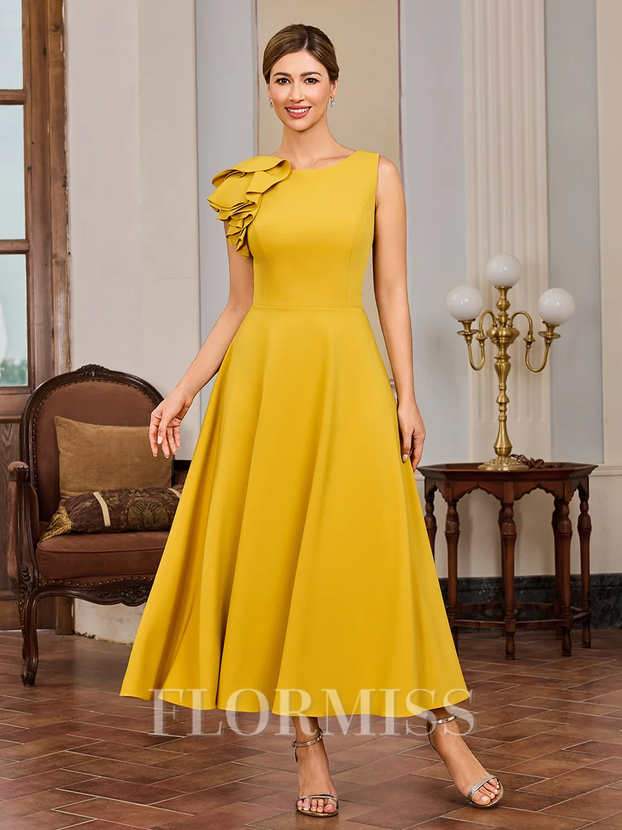 A-line One-Shoulder Ruffles Tea-Length Stretch Crepe Mother of the Bride Dress