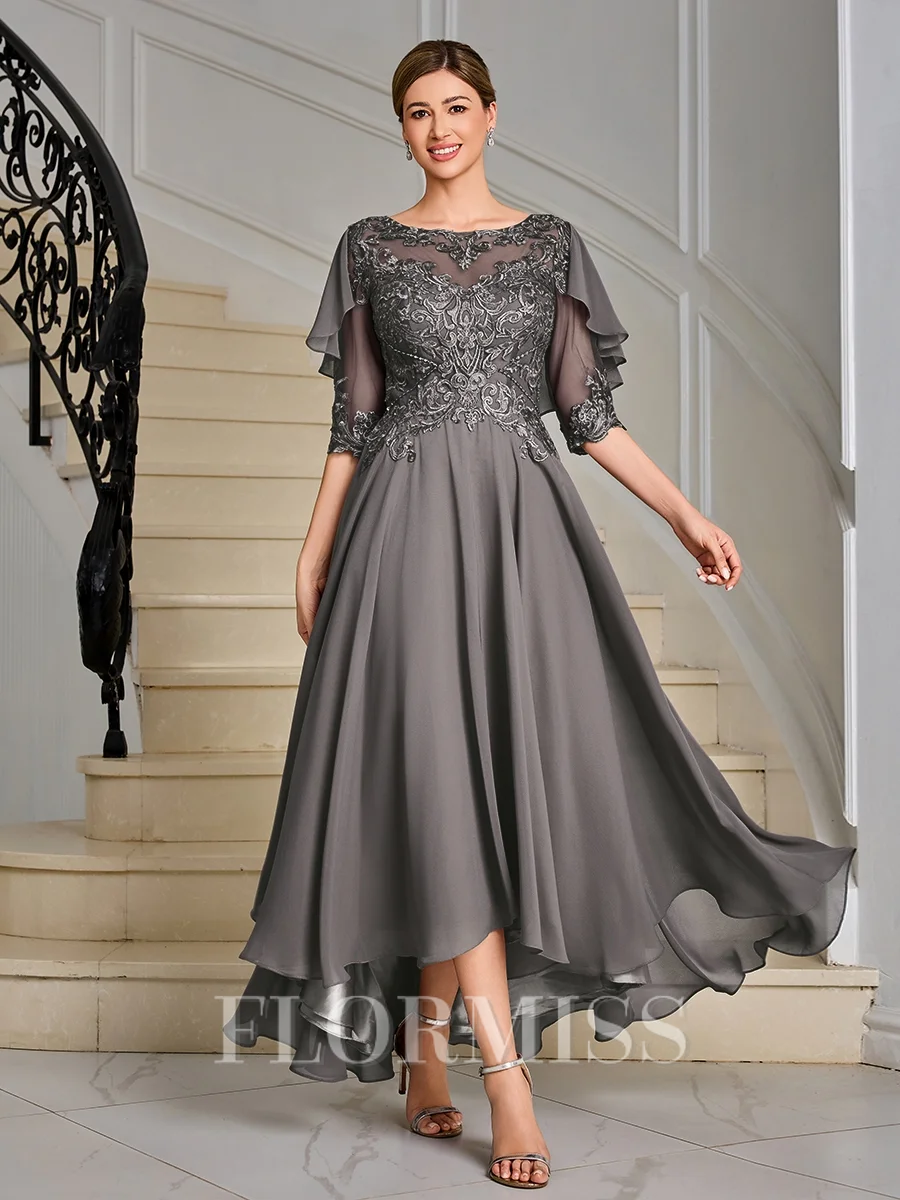 A-line Scoop 1/2 Sleeves Appliques Lace Asymmetrical Chiffon Mother of the Bride Dress