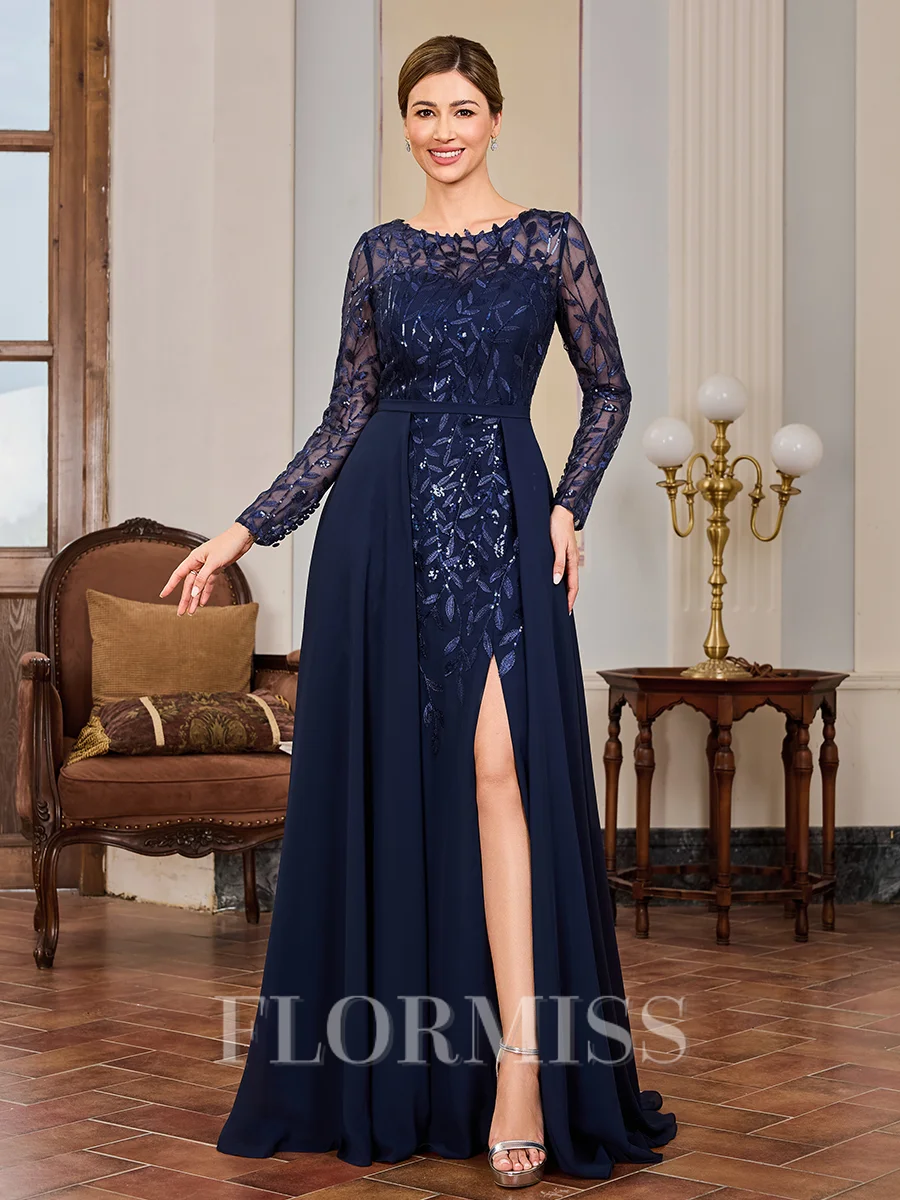 A-line Scoop Long Sleeves Appliques Lace Floor-Length Chiffon Mother of the Bride Dress