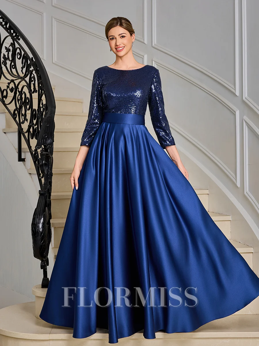 A-line Scoop 3/4 Sleeves Sequin Ankle-Length Satin Mother of the Bride Dress