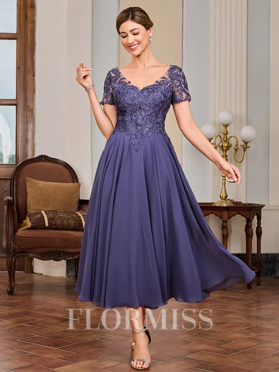 A-line V-neck Short Sleeves Appliques Lace Tea-Length Chiffon Mother of the Bride Dress