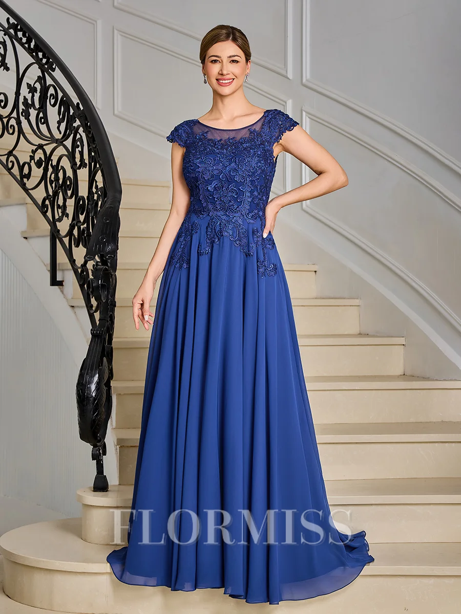 A-line Scoop Short Sleeves Appliques Lace Floor-Length Chiffon Mother of the Bride Dress