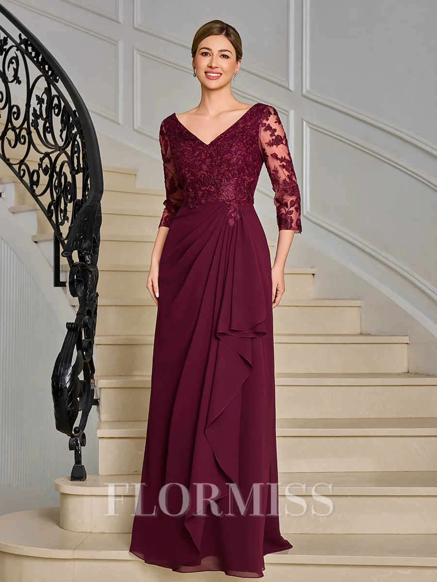 A-line V-neck 3/4 Sleeves Appliques Lace Floor-Length Chiffon Mother of the Bride Dress