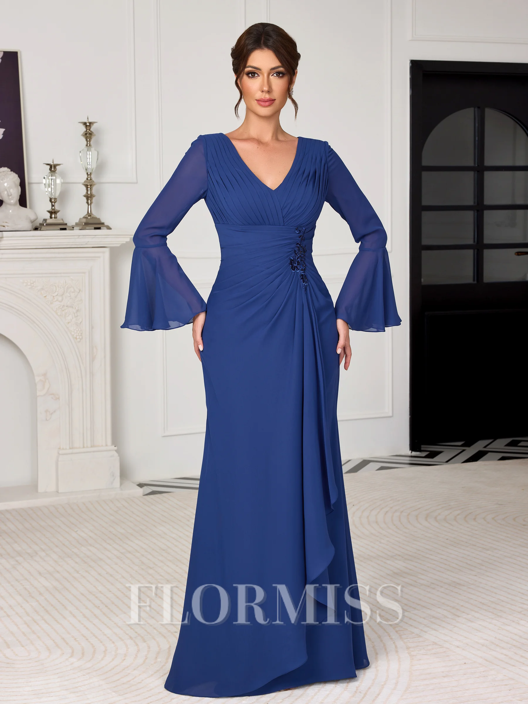 Sheath V-neck Long Sleeves Pleated Floor-Length Chiffon Mother of the Bride Dress