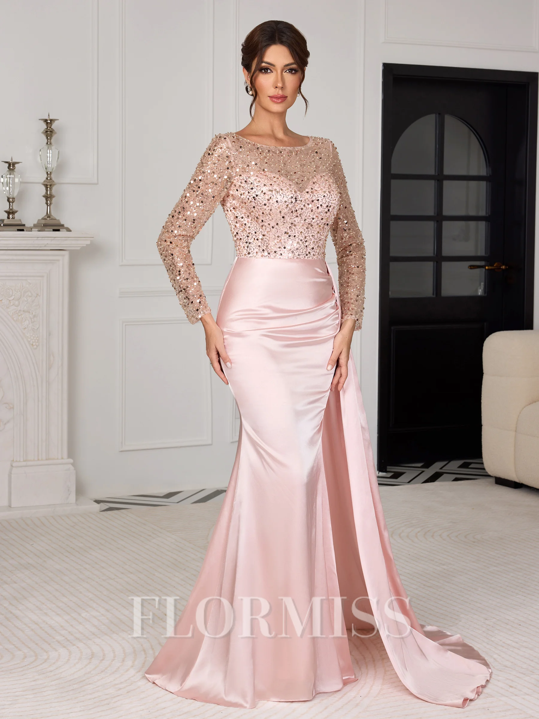 Sheath Scoop Long Sleeves Sequin Floor-Length Silk Like Satin Mother of the Bride Dress