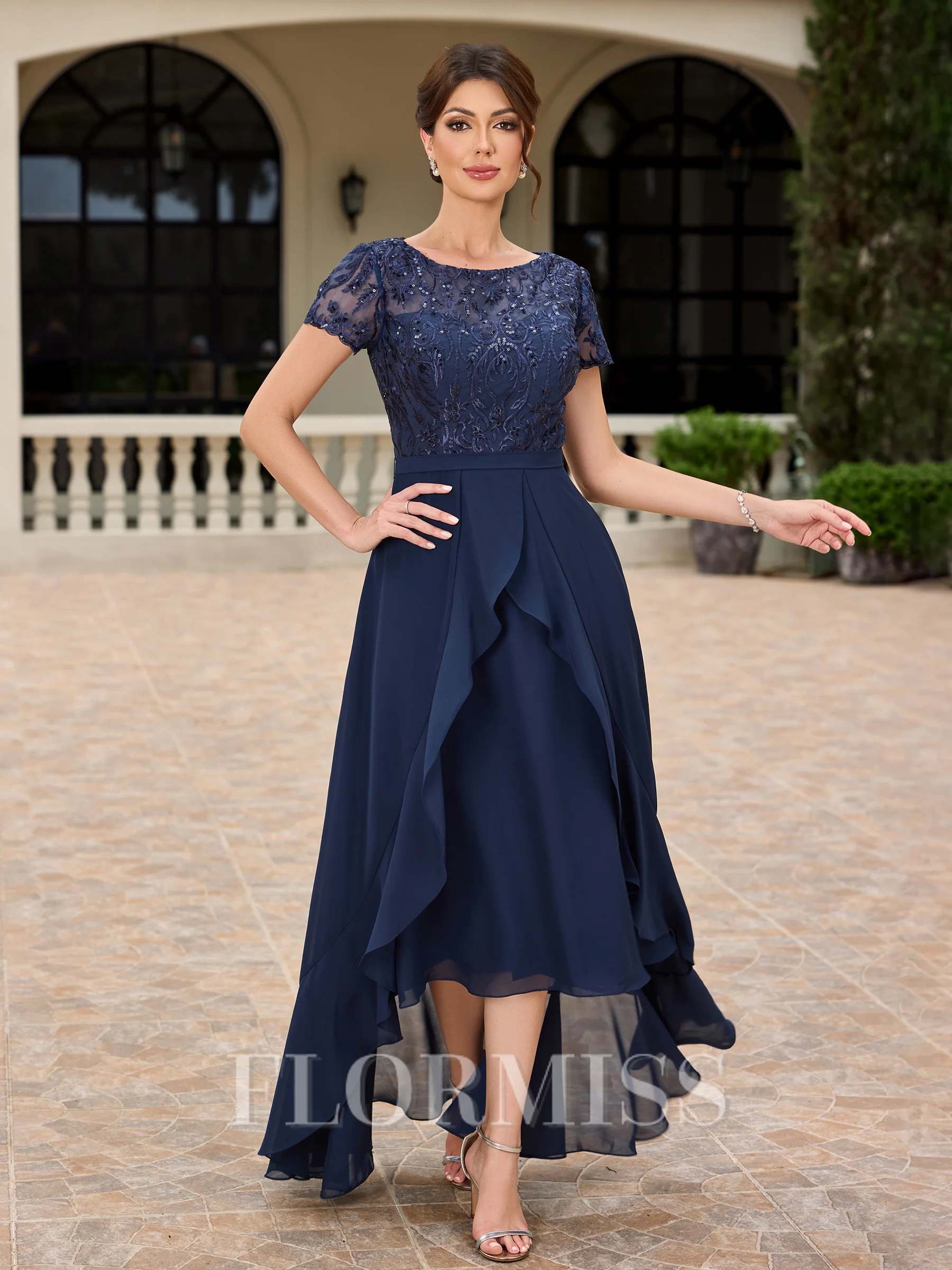 A-line Scoop Short Sleeves Appliques Lace Asymmetrical Chiffon Mother of the Bride Dress