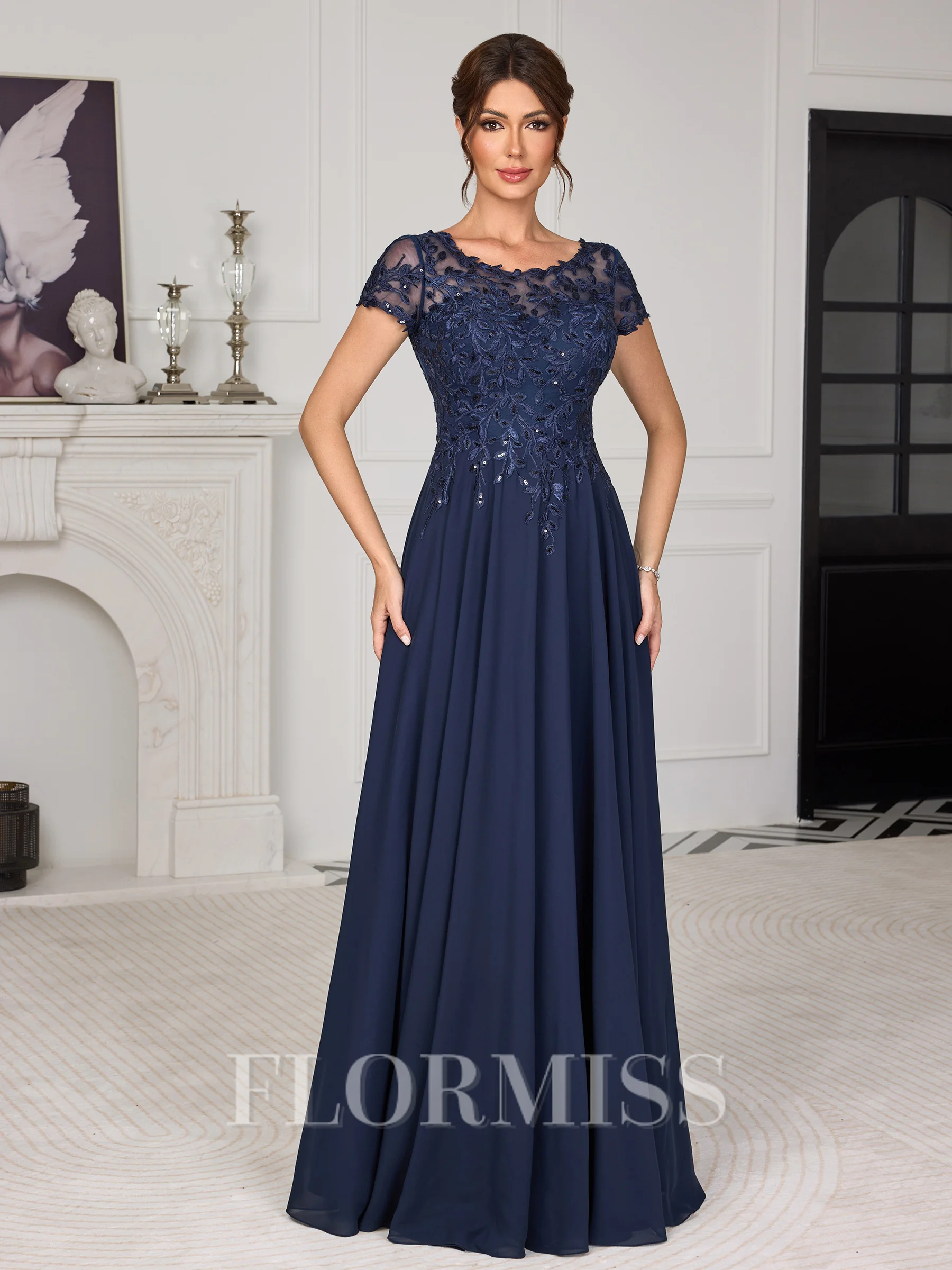 A-line Scoop Short Sleeves Appliques Lace Floor-Length Chiffon Mother of the Bride Dress
