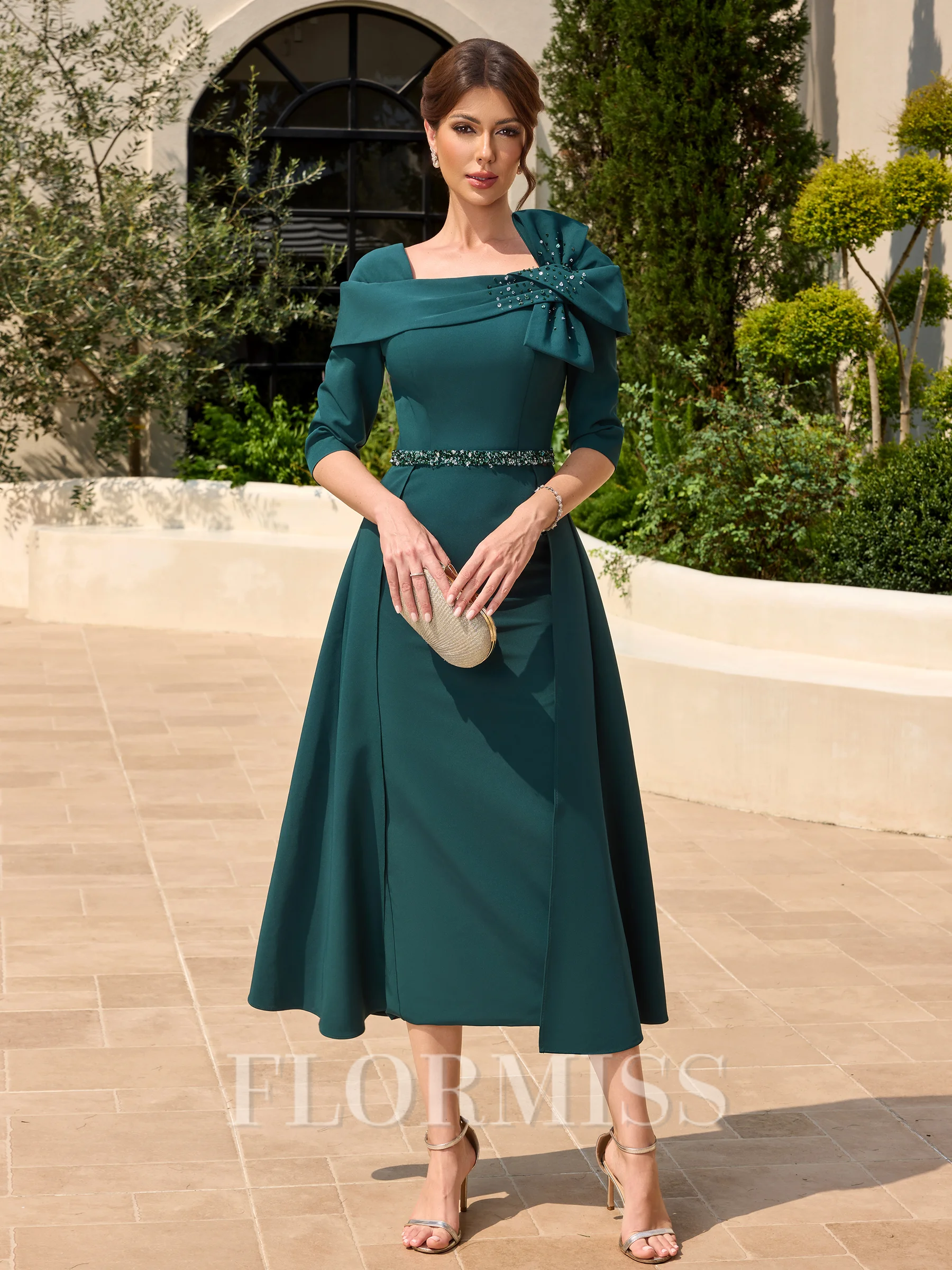 Sheath Square 1/2 Sleeves Beading Tea-Length Stretch Crepe Mother of the Bride Dress