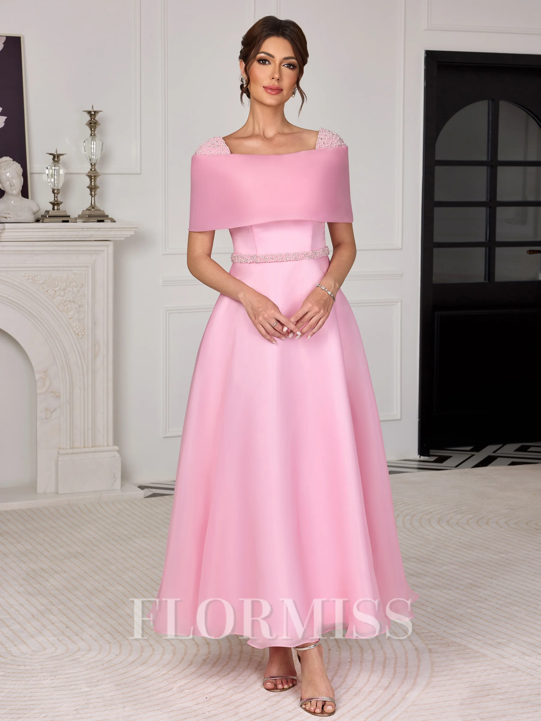 A-line Square Short Sleeves Beading Ankle-Length Organza Corset Mother of the Bride Dress