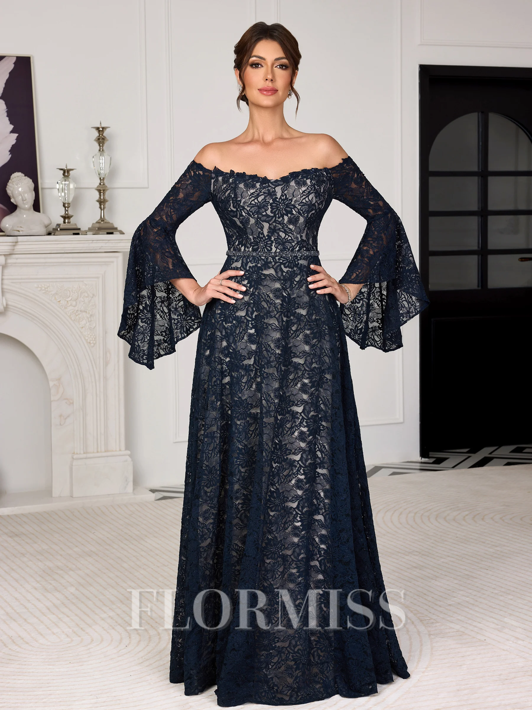 A-line Off-the-Shoulder Long Sleeves Floor-Length Lace Corset Mother of the Bride Dress