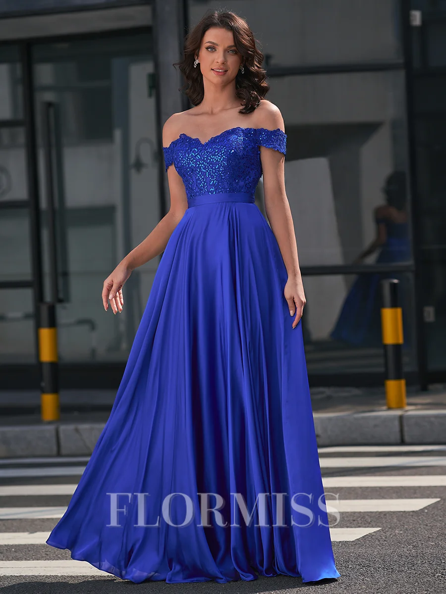 A-line Off-the-Shoulder Appliques Lace Floor-Length Satin Chiffon Dress