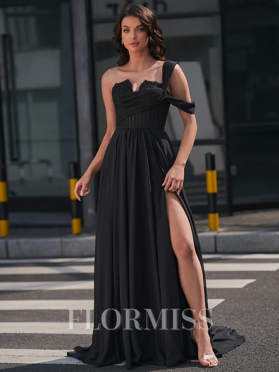 A-line One-Shoulder Appliques Lace Sweep Train Chiffon Corset Dress