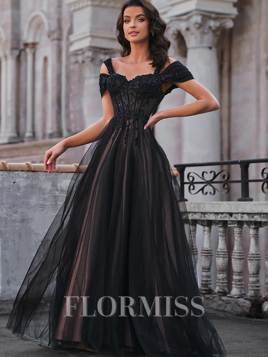 A-line Cold Shoulder Appliques Lace Sweep Train Tulle Corset Dress
