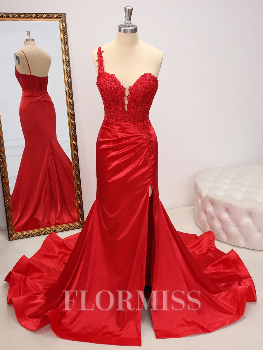 Sheath One-Shoulder Appliques Lace Court Train Silk Like Satin Corset Dress