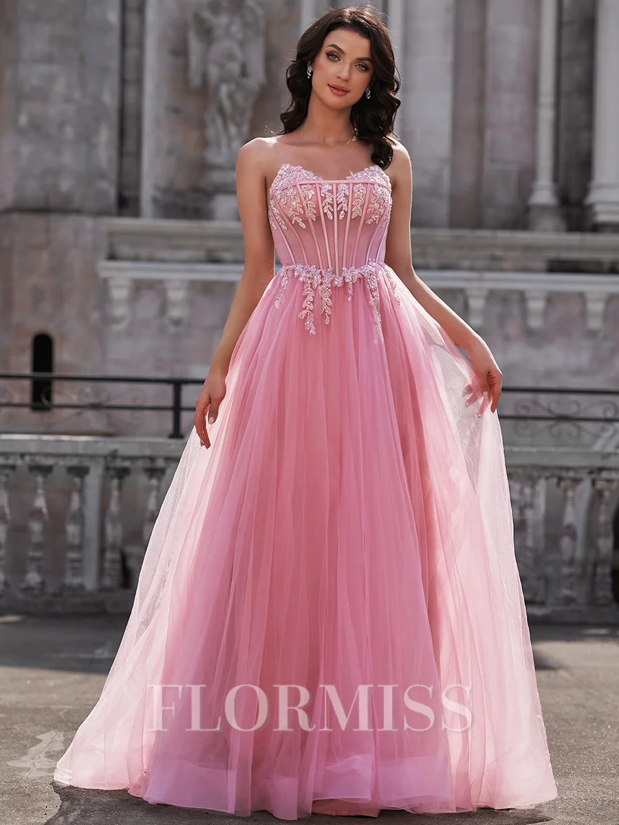 A-line Sweetheart Appliques Lace Sweep Train Tulle Corset Dress