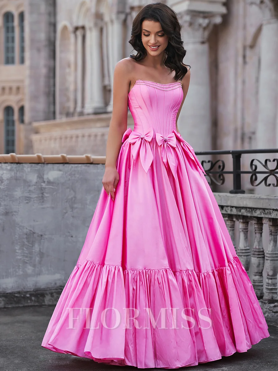 A-line Straight Bow Floor-Length Taffeta Corset Dress