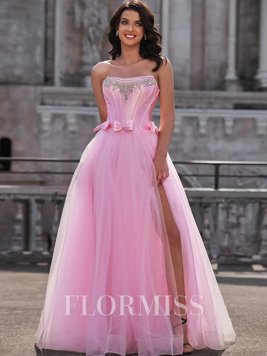 A-line Straight Rhinestone Floor-Length Tulle Corset Dress
