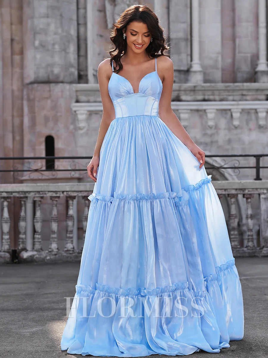 A-line V-neck Ruffles Floor-Length Corset Dress